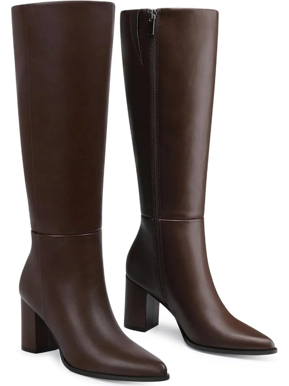 Women's Brown Pu Pointed Toe Chunky Heel Comfortable Wide Calf Knee High Boots
